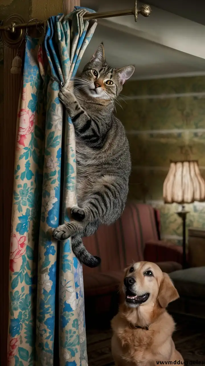 Tabby-Cat-Hanging-from-Floral-Curtain-with-Golden-Retriever-Looking-Up-in-Cozy-Living-Room