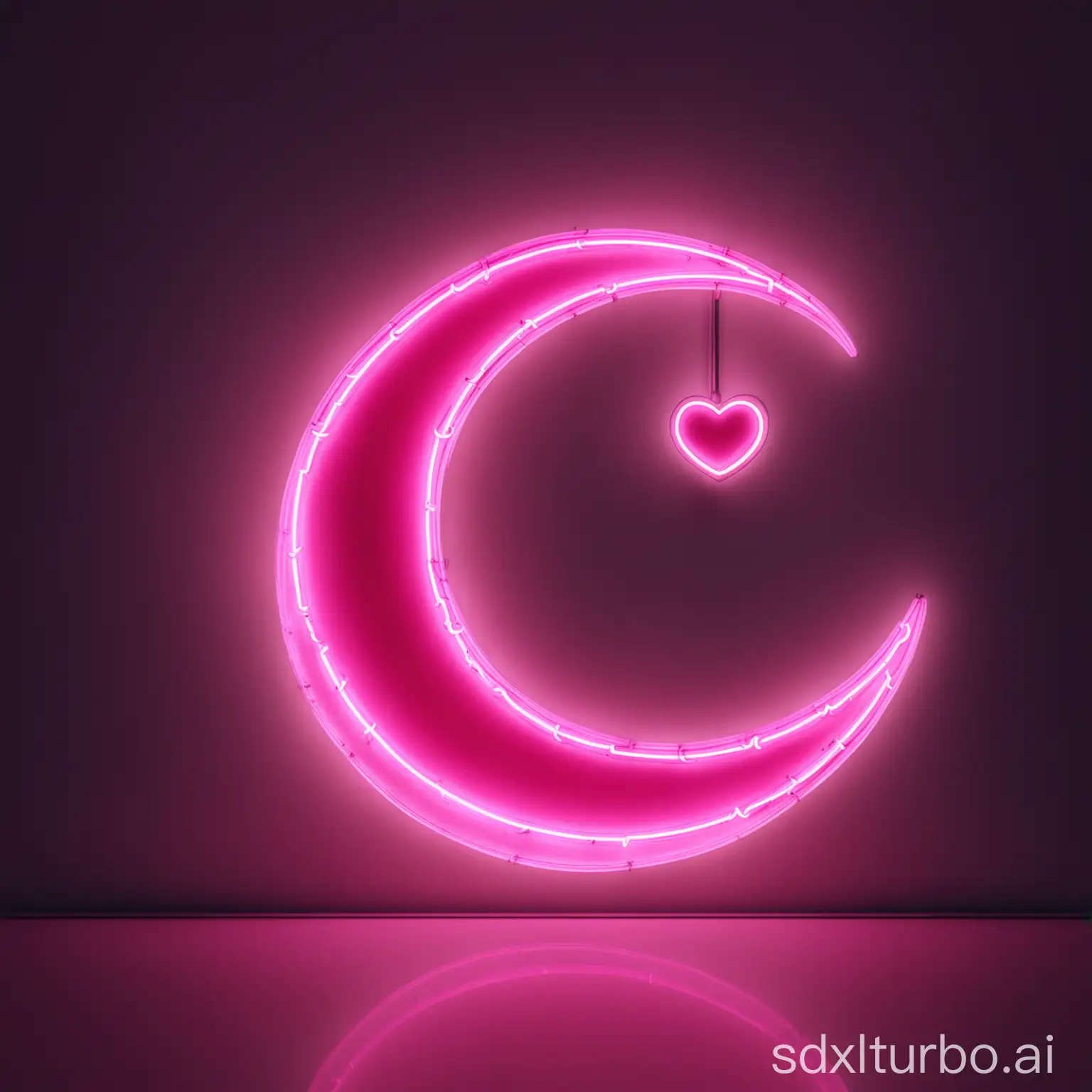 pink neon sign crescent moon with pink neon sign heart attached to the crescent moon
