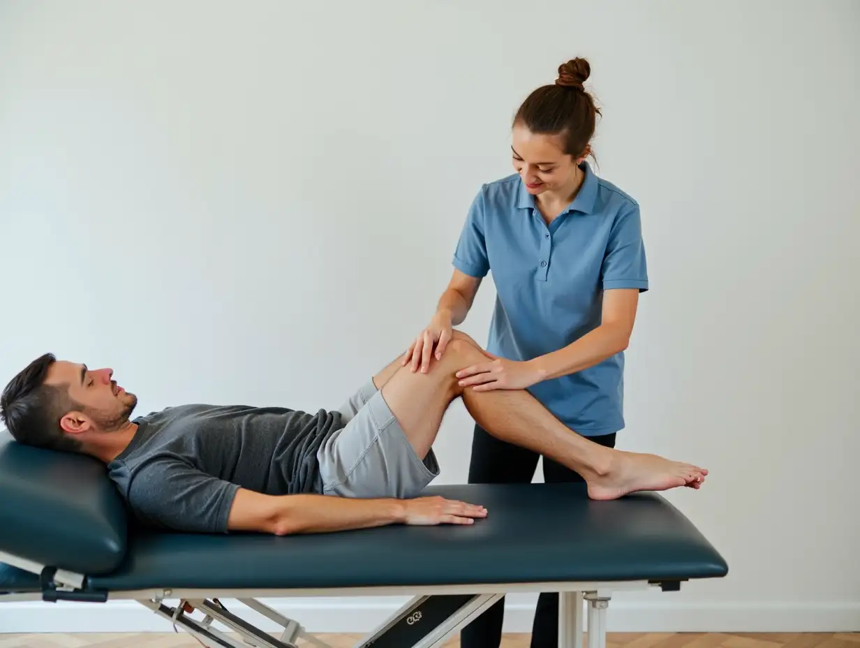 Physiotherapist-Massaging-Male-Patients-Left-Knee-During-Rehabilitation