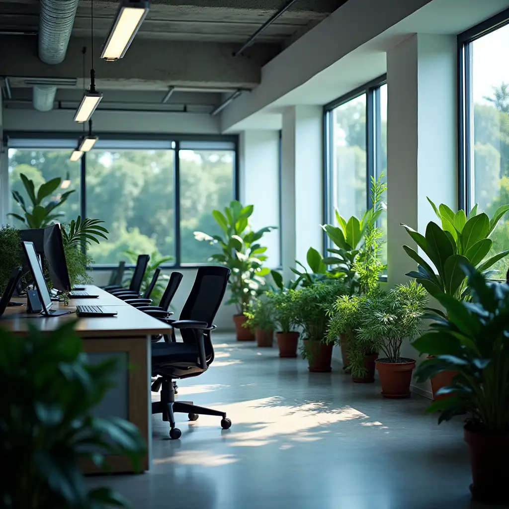 Modern-Computer-Office-with-Plants-and-Screens-in-a-Stylish-Workspace