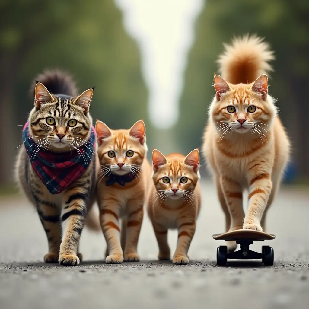 photo of four cats walking towards camera. One large and wearing tartan, one small with flared nostrils, one tall with blonde perm, one on a skateboard