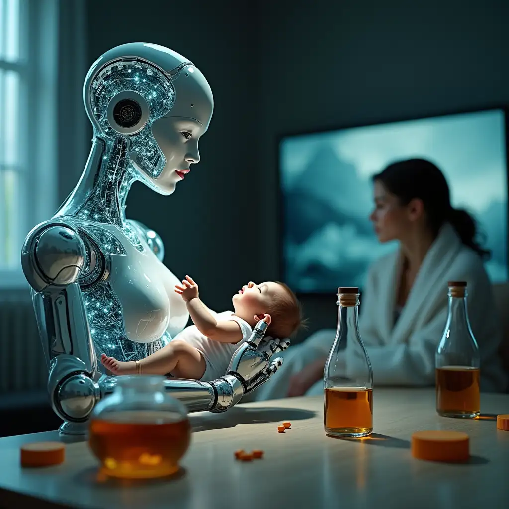 Futuristic-AI-Robot-Feeding-Baby-with-Human-Mother-in-Background