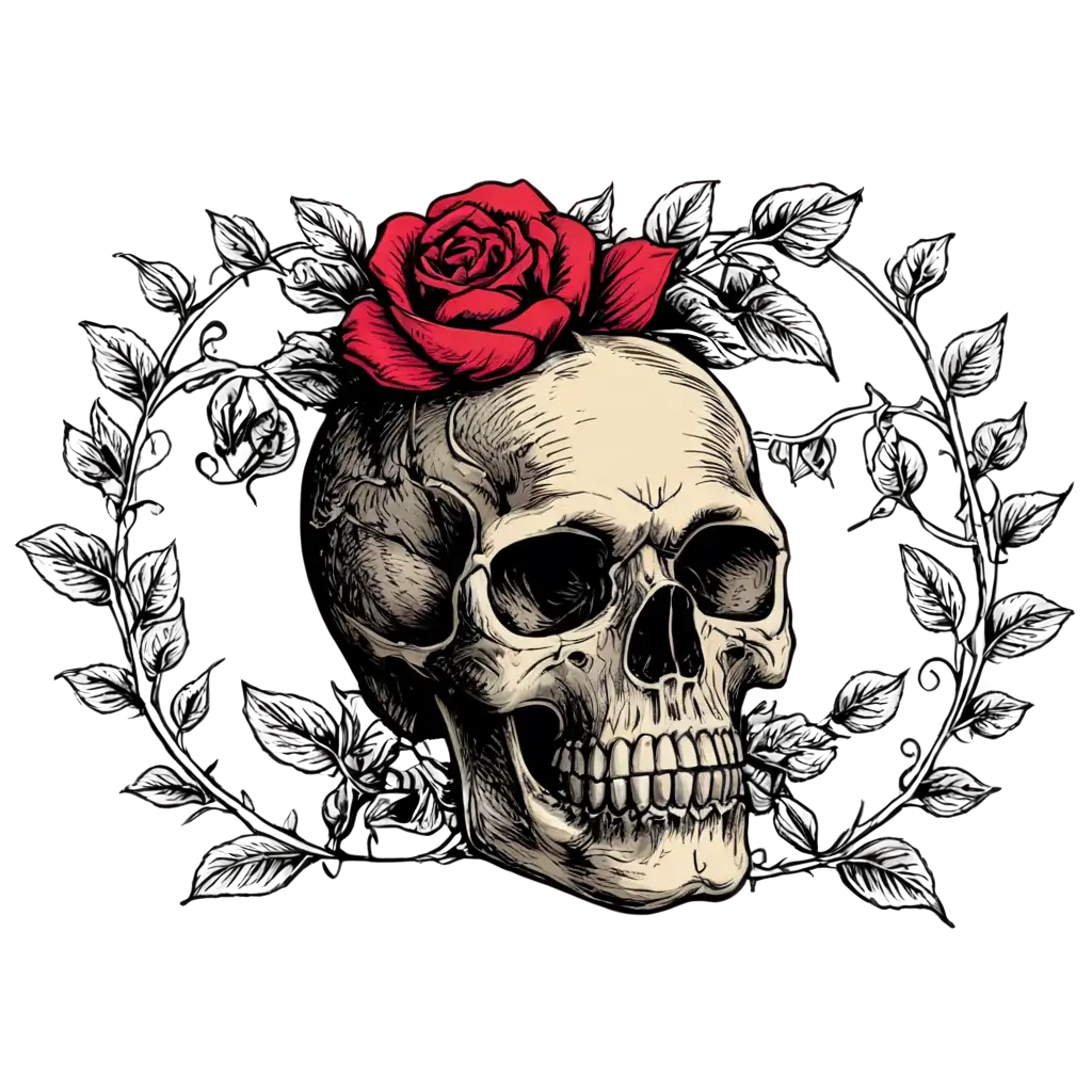 Skull-Surrounded-by-Roses-Woodcut-Tattoo-PNG-Image-for-Bold-and-Artistic-Designs