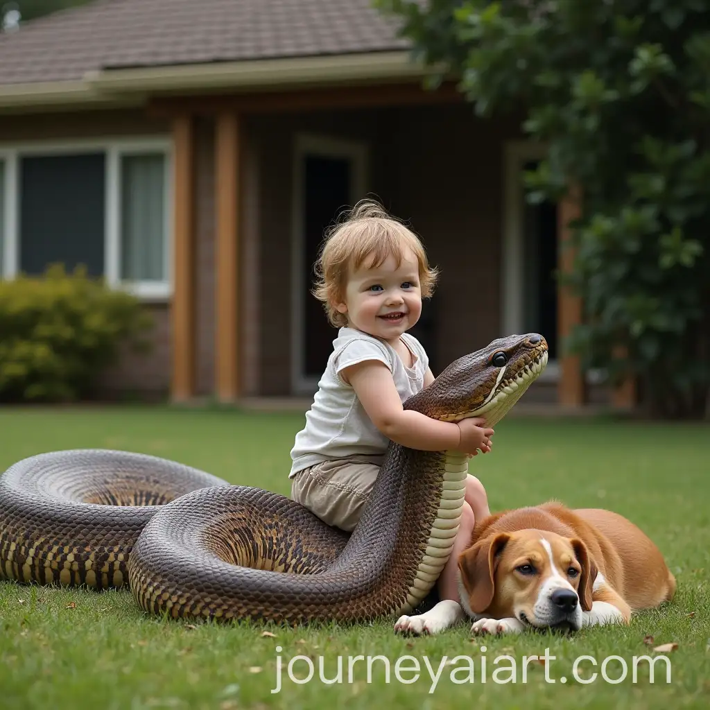 2YearOld-Child-Sitting-on-Python-in-Front-Yard-with-Dog