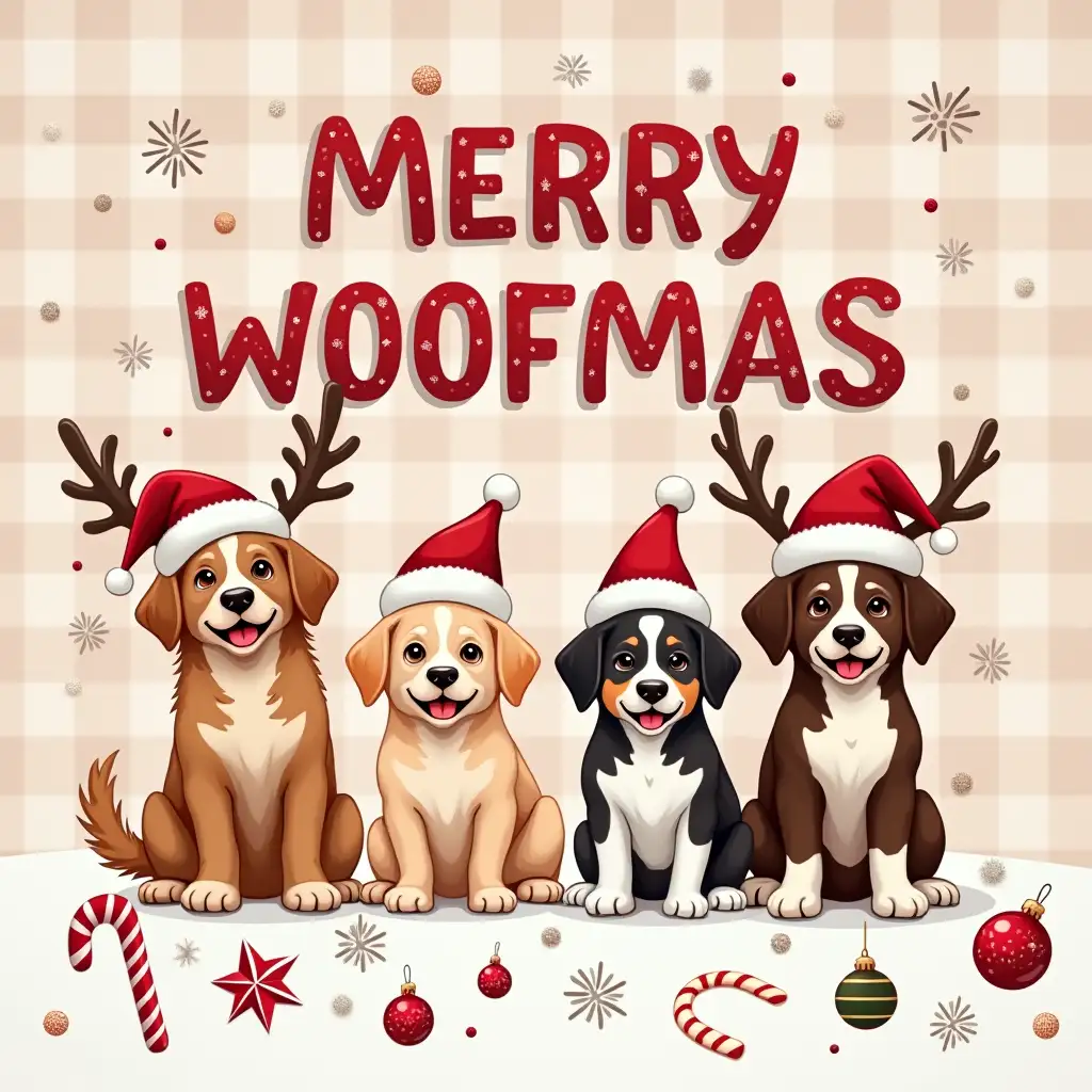 Create a festive, Christmas-themed image featuring a group of adorable dogs wearing Santa hats and reindeer antlers. The dogs should be sitting in a row, with a checkered background behind them. Snowflakes, ornaments, and a candy cane should be scattered around. The text 'MERRY WOOFMAS' should be written boldly, in a festive font.