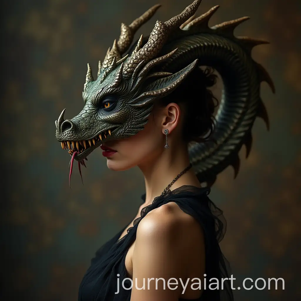 Elegant-Woman-with-a-Dragon-Head-in-Scary-Decor
