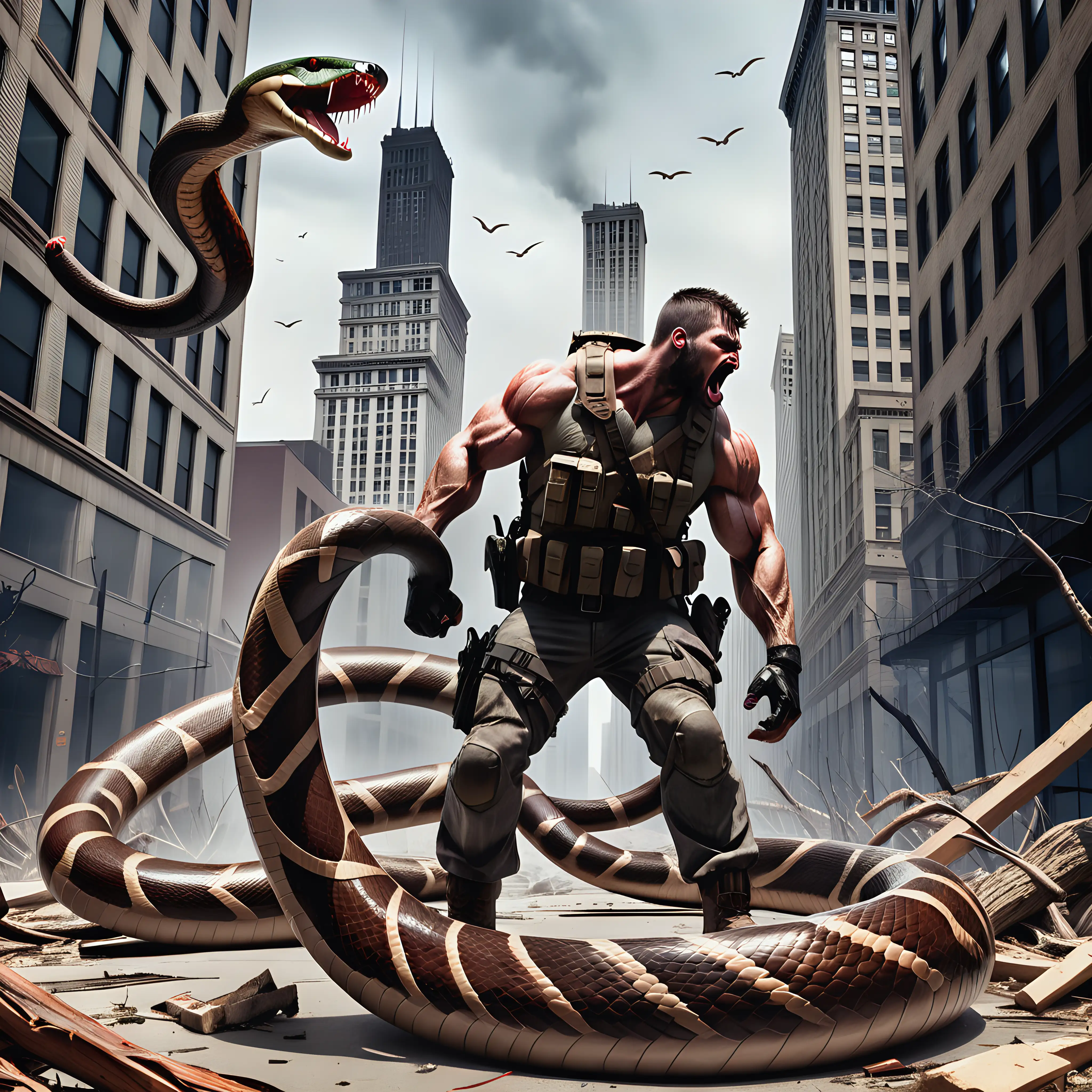 Epic Battle Between Soldier and Giant Wood Snake in PostApocalyptic Chicago