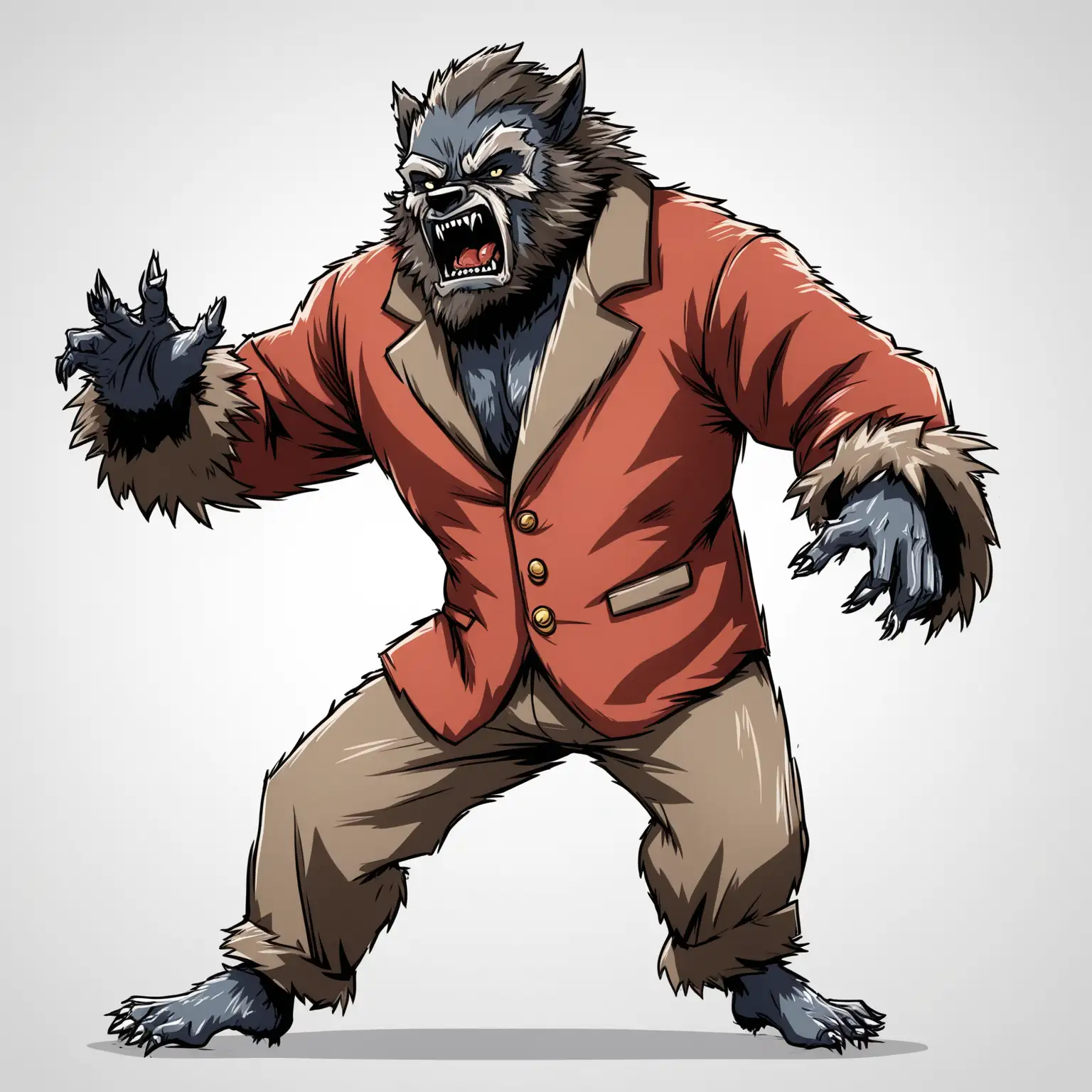 FullBody Cartoon Wolfman Dancing in Stylish Clothes on White Background