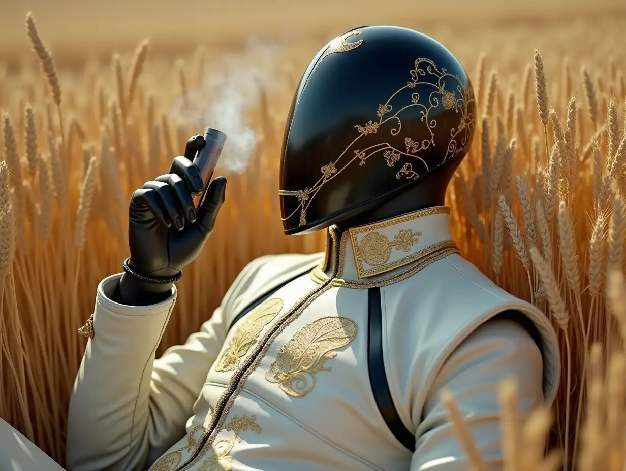 Realistic image of a man with a shiny black full face helmet with gold patterns, he is wearing a white leather outfit with black inserts and gold embroidery, he is lying in a wheat field, he is holding a smoking electronic device, strange, Hindu