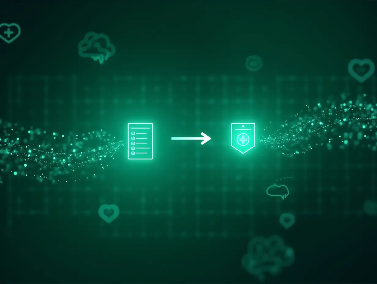 Generate an image illustrating the concept of **converting C-CDA to FHIR**, using a **Paris green color scheme**. The image should depict a futuristic digital interface where structured healthcare documents (C-CDA) are being transformed into modern, interoperable FHIR data. Include visual elements like medical records, data nodes, and AI-powered connections seamlessly converting and mapping the information. A glowing data stream or circuit-like pathways can symbolize the transformation process, ensuring a sleek, high-tech, and secure feel. The background can incorporate abstract healthcare symbols, cloud computing, and digital data flows to emphasize interoperability and innovation.