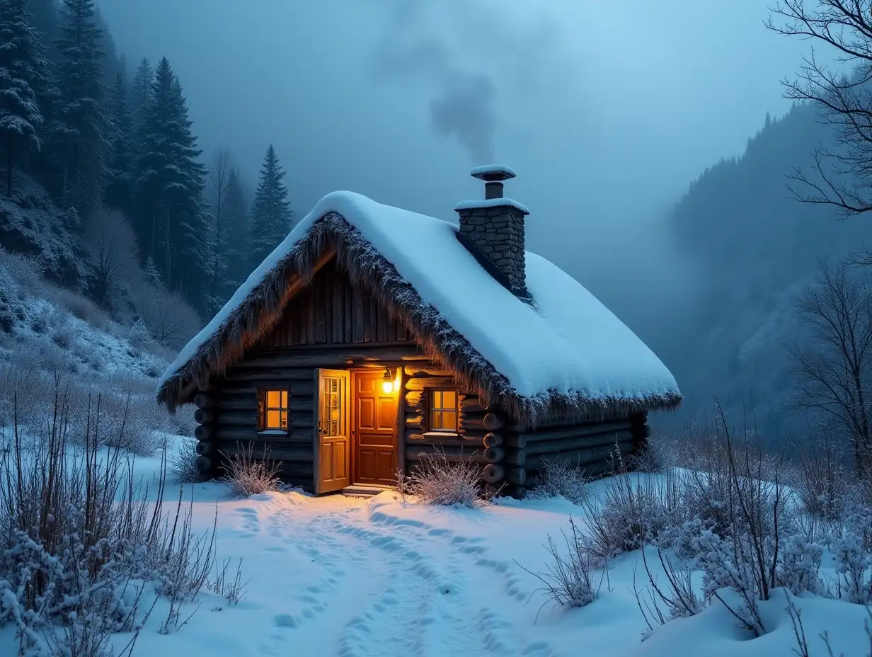 A small cabin located in a canyon pass, A thatched roof covered with snow, The door is open, and there is a warm atmosphere inside with lights, A misty, cold atmosphere with smoke rising from the chimney