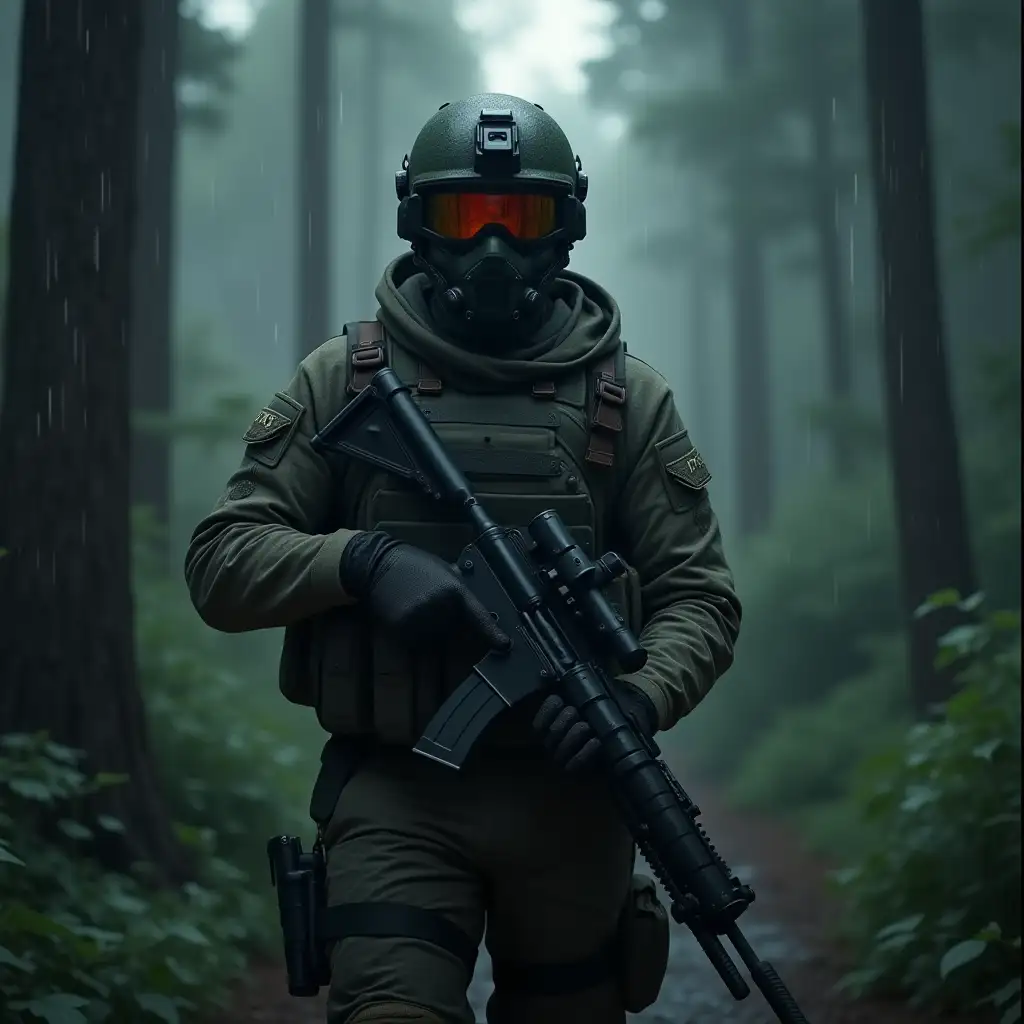 Gaming character wearing military gear, holding a gun, standing in forest of rain in the war zone Like a 4k mobile wallpaper