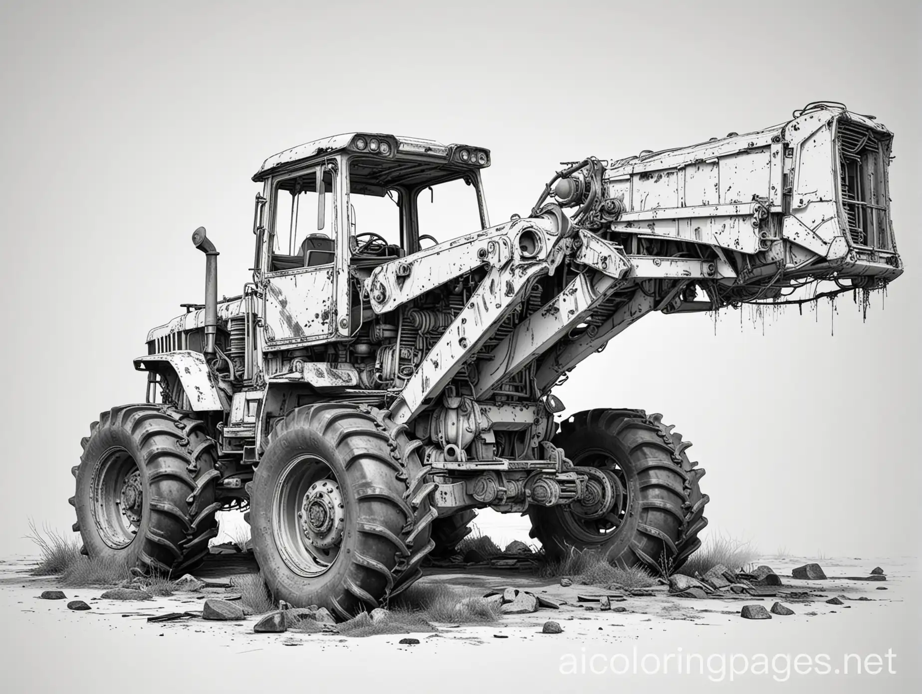 line art, black and white only,  no shading, white background, post apocalyptic ruined broken hull missing parts tractor with lift kit, Coloring Page, black and white, line art, white background, Simplicity, Ample White Space. The background of the coloring page is plain white to make it easy for young children to color within the lines. The outlines of all the subjects are easy to distinguish, making it simple for kids to color without too much difficulty