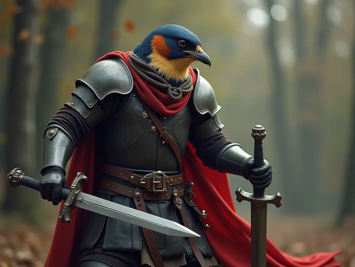 Swallow with leather armor and sword in combat