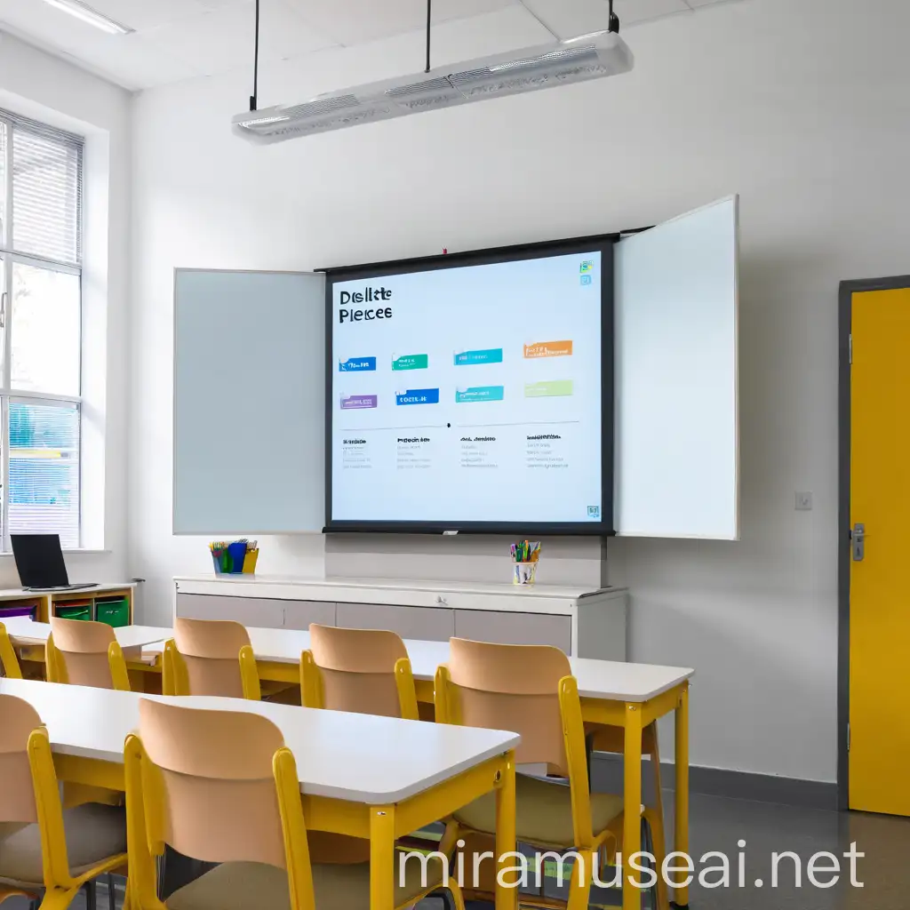 Modern Classroom with Interactive Whiteboard and Student Desks