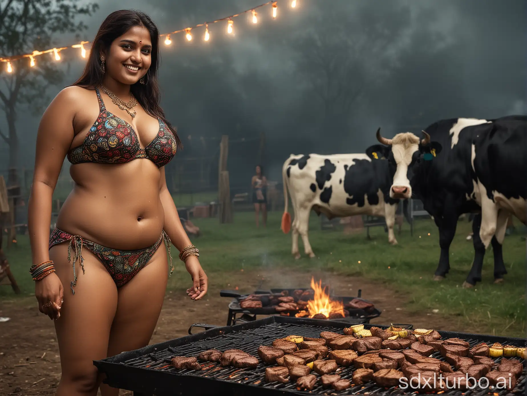 Happy-Indian-Woman-Grilling-Steak-with-Grazing-Cows-in-Background