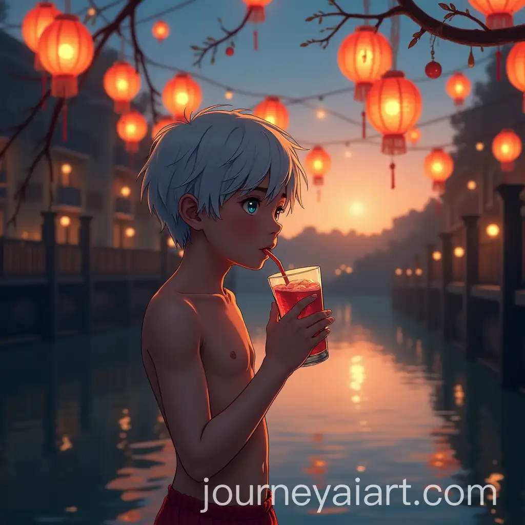 FrostyHaired-Boy-Drinking-by-River-Among-Colorful-Lanterns-at-Evening