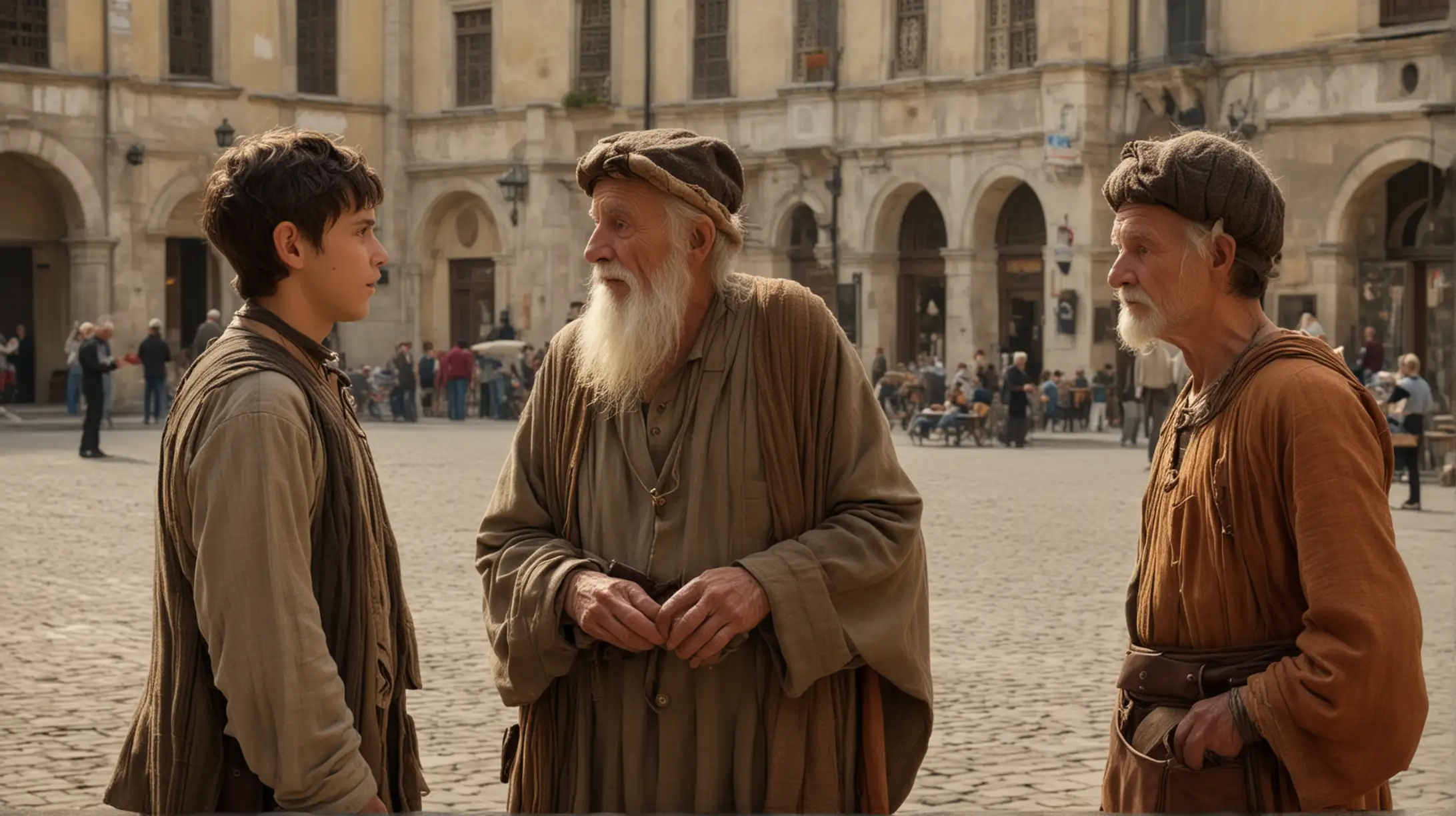 Ancient Times Wise Old Man Converses with Young Man in the Square