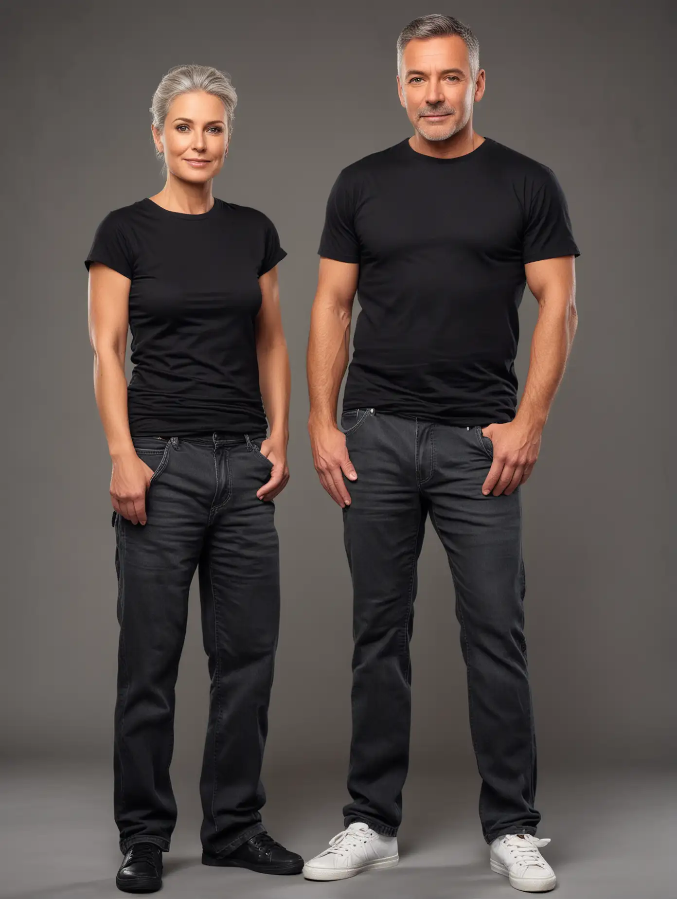 Middle Aged Couple in Casual Black TShirts and Pants Facing Front