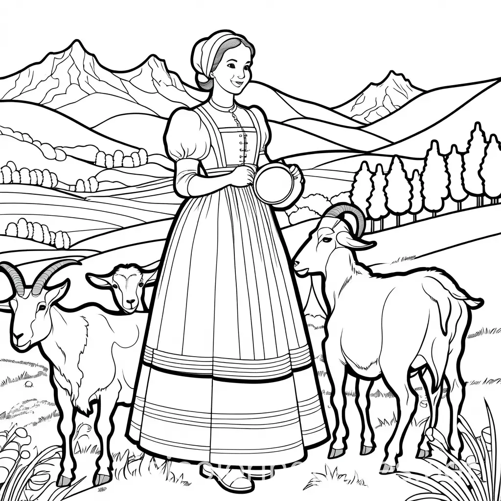 Dutch-Woman-in-Milkmaid-Dress-Holding-Jugs-with-Yodelling-Goat-and-Hills-Background-Coloring-Page