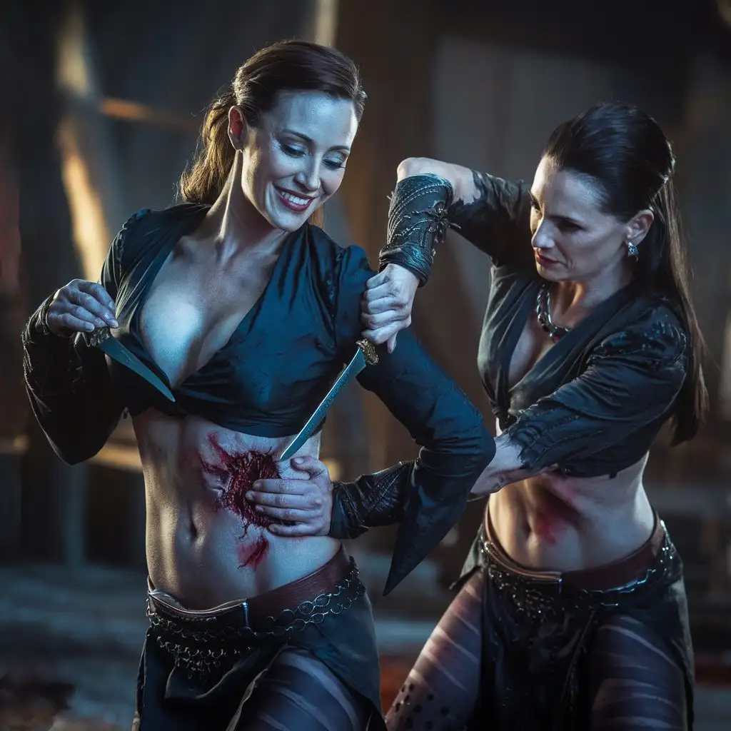 photo, realistic, sharp focus, 4k, HD, soft lighting, flirting, sultry smile, two female, mature (very beautiful:1.2) warrior, XENA, (deep neckline:1.8), ((attacks)), standing, knife, dark fantasy, (plunges a blade into the victim's stomach:1.5), ripped belly, photo, cinematic