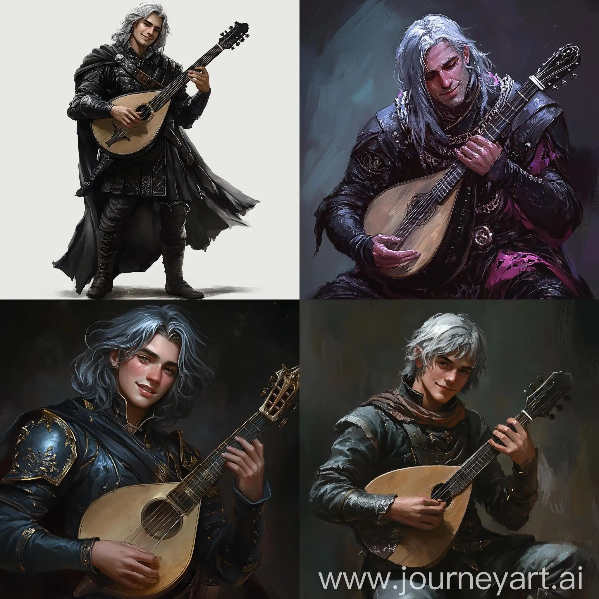 Cheerful-GrayHaired-Bard-in-Black-Light-Armor-with-Lute-Heroic-Fantasy-Character