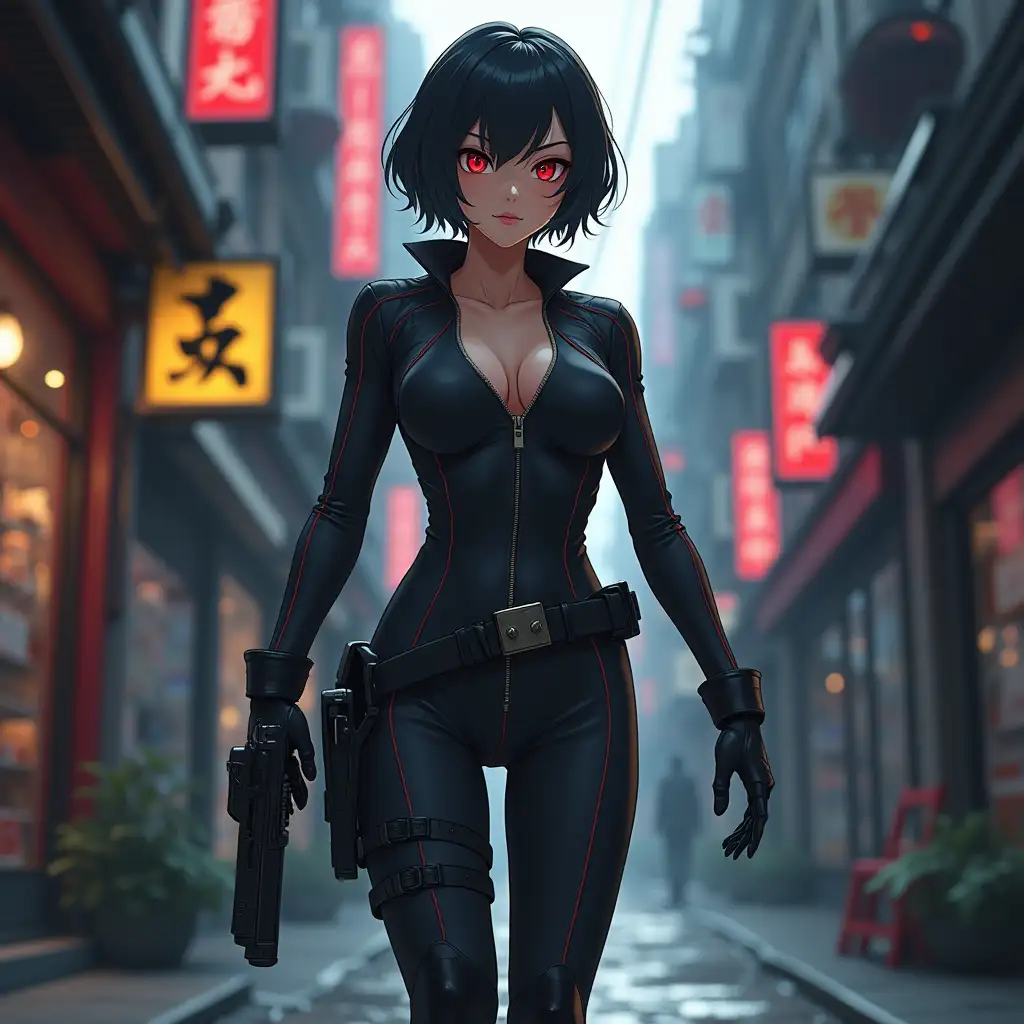 Short hair, mature Asian woman thief cyber runner in a dynamic full-length pose, eyes with red electronic pupils, large breast, extreme skintight body glove zipped down with cleavage, combat boots and combat belt. Full view of her body from boots up, low wide angle. Future store filled city alley street. Anime