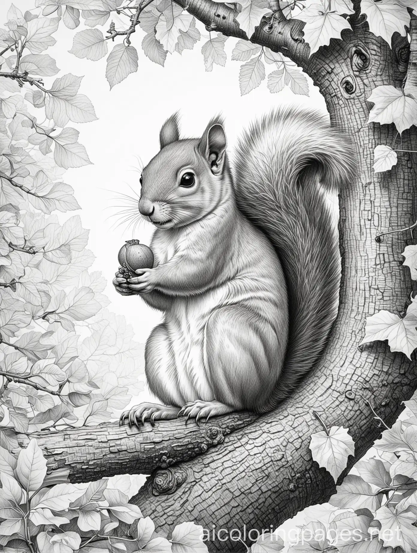 Squirrel-with-Acorn-in-Autumn-Tree-Simple-Line-Drawing-for-Coloring