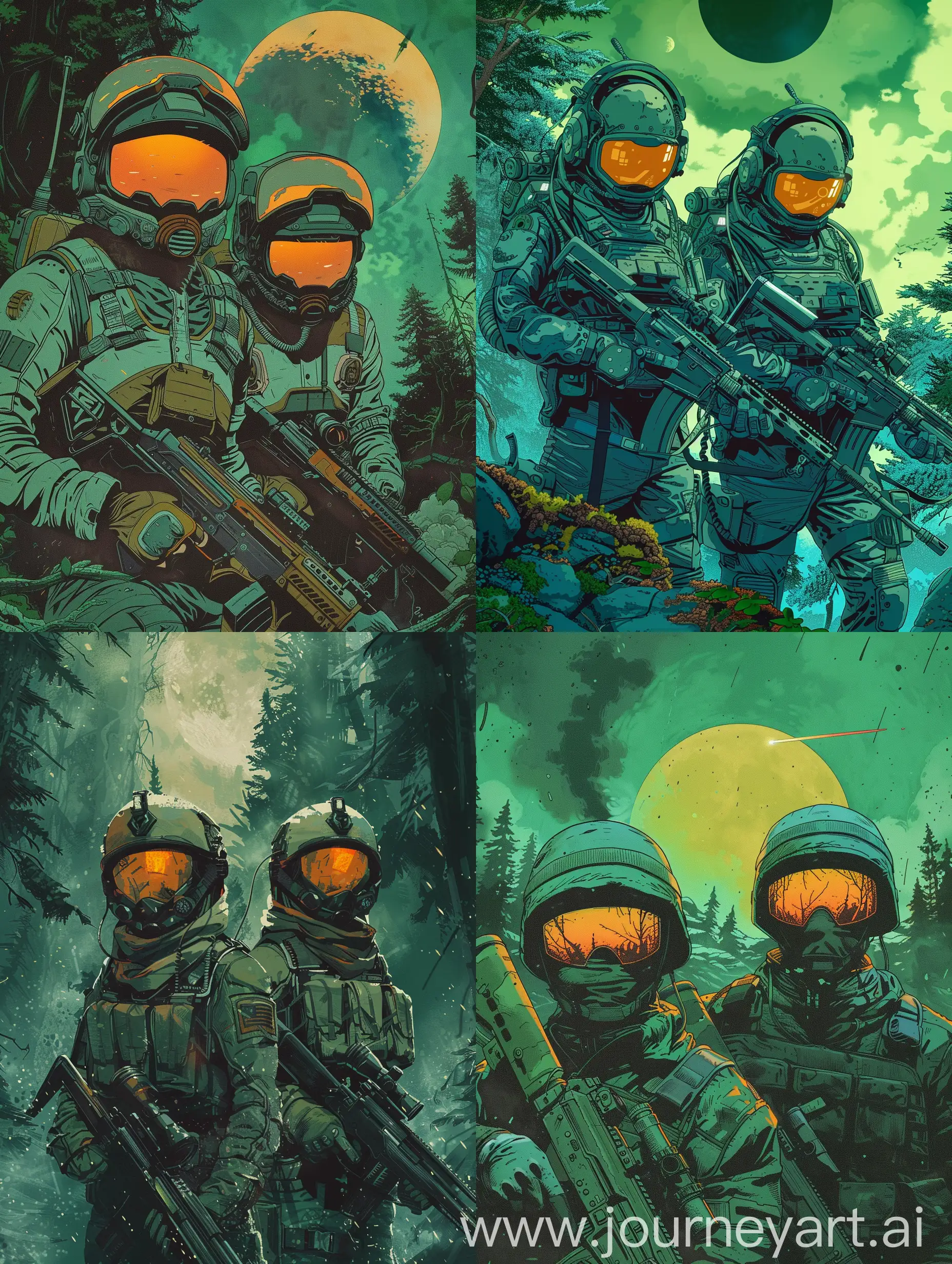 SciFi-Forest-Combat-Man-and-Woman-in-OliveTurquoise-Suits-with-AK47-Weapons