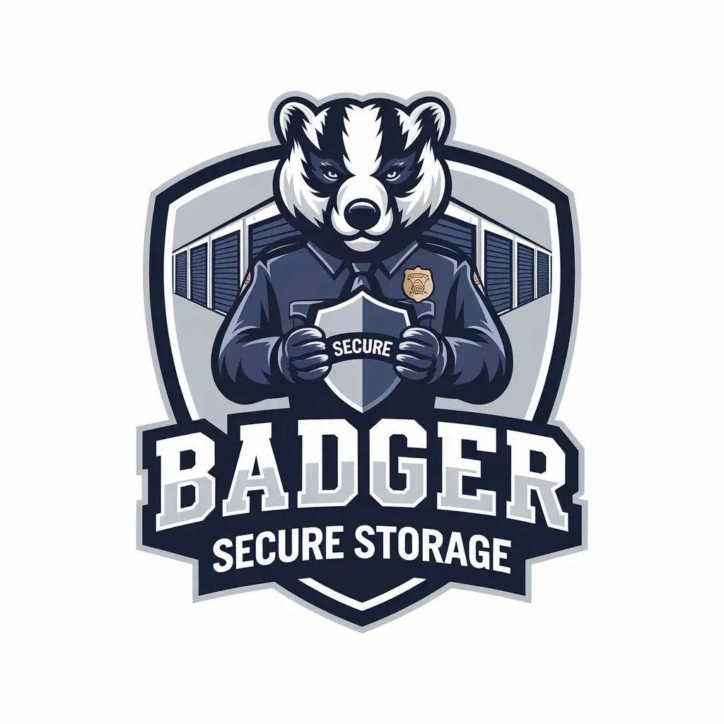 LOGO Design For Badger Secure Storage Vibrant Building and Animated Badger in Police Uniform Theme