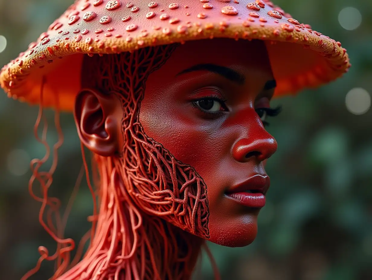 Face transformed into red and mushroom roots in building