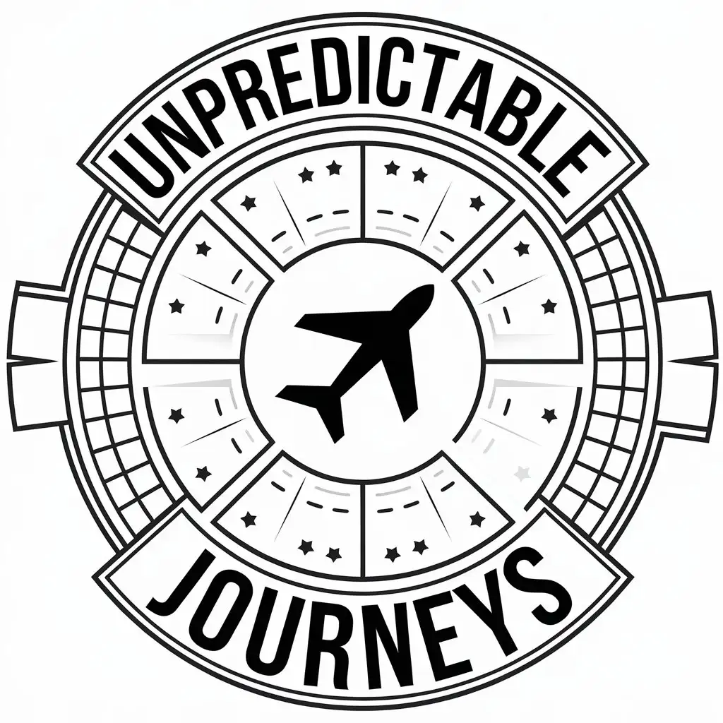 a vector logo design,with the text "Unpredictable journeys", main symbol:surprise plane ticket,complex,be used in Travel industry,clear background