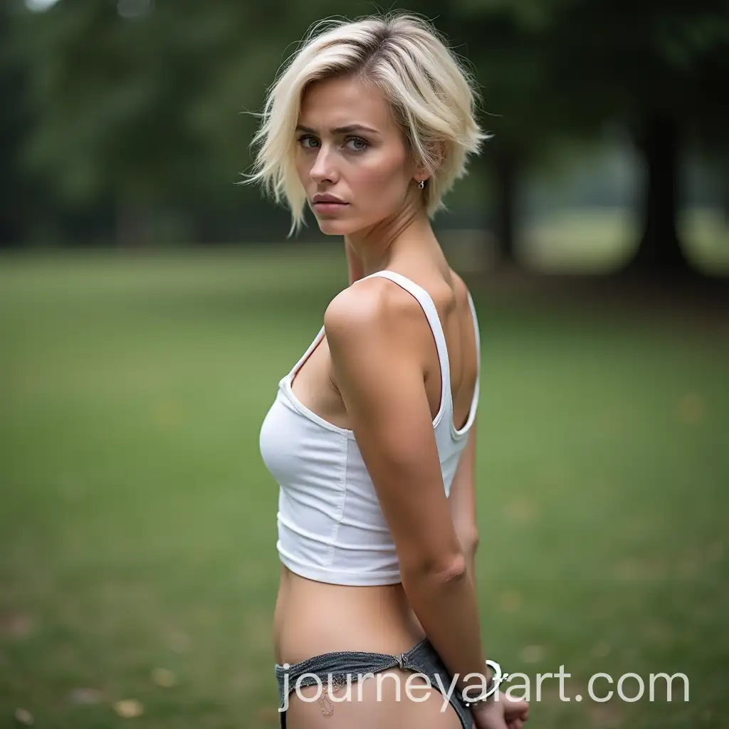 Blonde-Woman-in-Handcuffs-in-Outdoor-Park-with-Sad-Expression