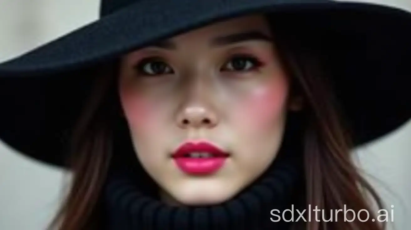 Mysterious-Chinese-Beauty-in-Black-Hat-with-Shiny-Pink-Lipstick