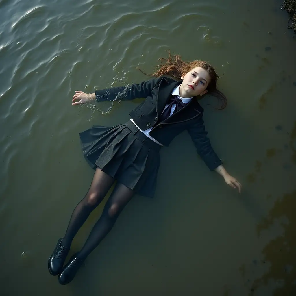 A young schoolgirl in a school uniform, with a skirt, jacket, blouse, dark tights, high-heeled shoes. Swims in a dirty pond, lies underwater, immersed in water, underneath the water surface, body hidden by water, fully wet clothes, soaked through clothes cling to body.