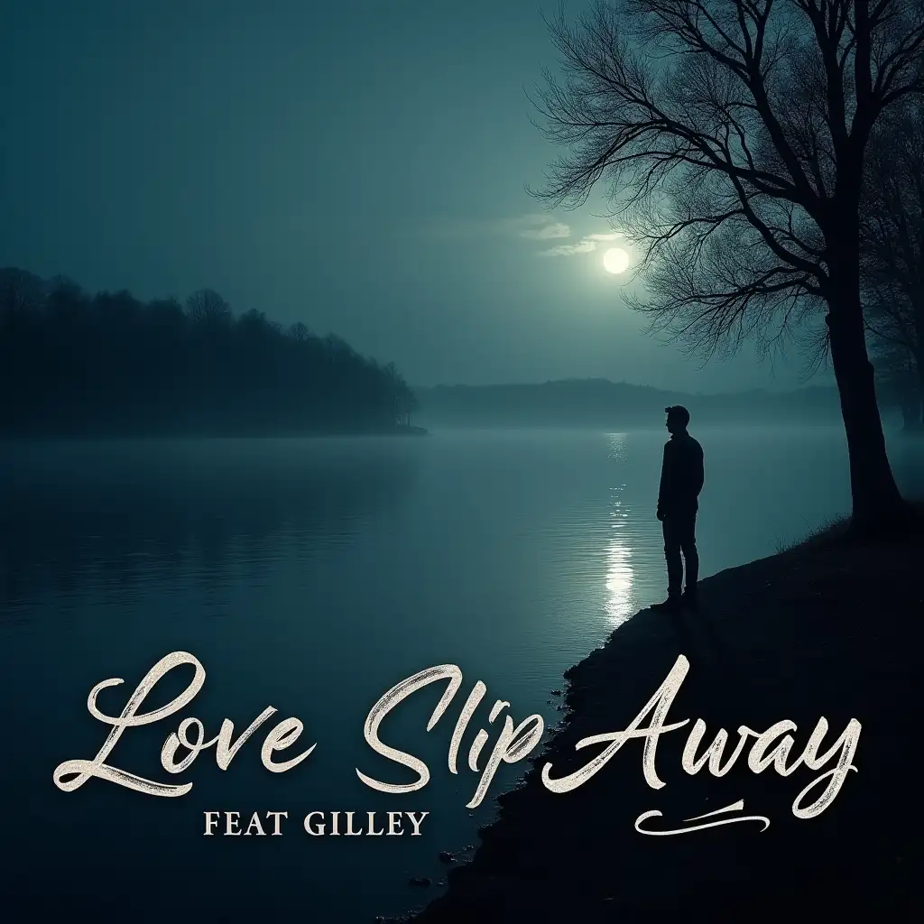 Create a hauntingly beautiful image that captures the essence of lost love. Depict a serene, moonlit lake with a lone figure (Gilley) standing at the water's edge, gazing out at a fading light in the distance. The light represents the love that's slipping away. In the foreground, incorporate the words 'Love Slip Away feat Gilley' in a elegant, cursive font, with the text subtly integrated into the scenery, perhaps with the words 'Love Slip Away' written in the sand or ripples on the water, and 'feat Gilley' etched into a nearby tree or rock.