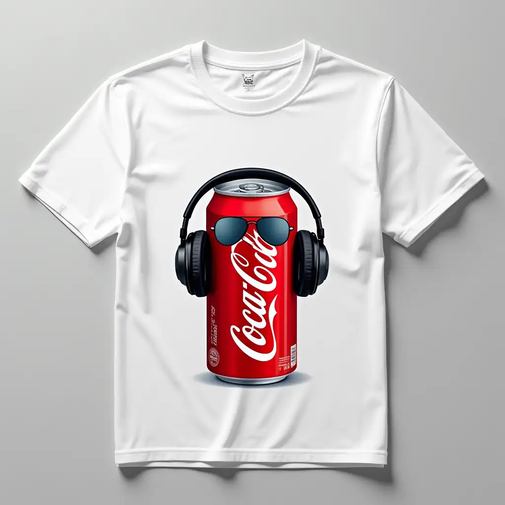 Flat-Lay-Product-Image-of-White-TShirt-with-CocaCola-Graphic-Featuring-Headphones-and-Sunglasses