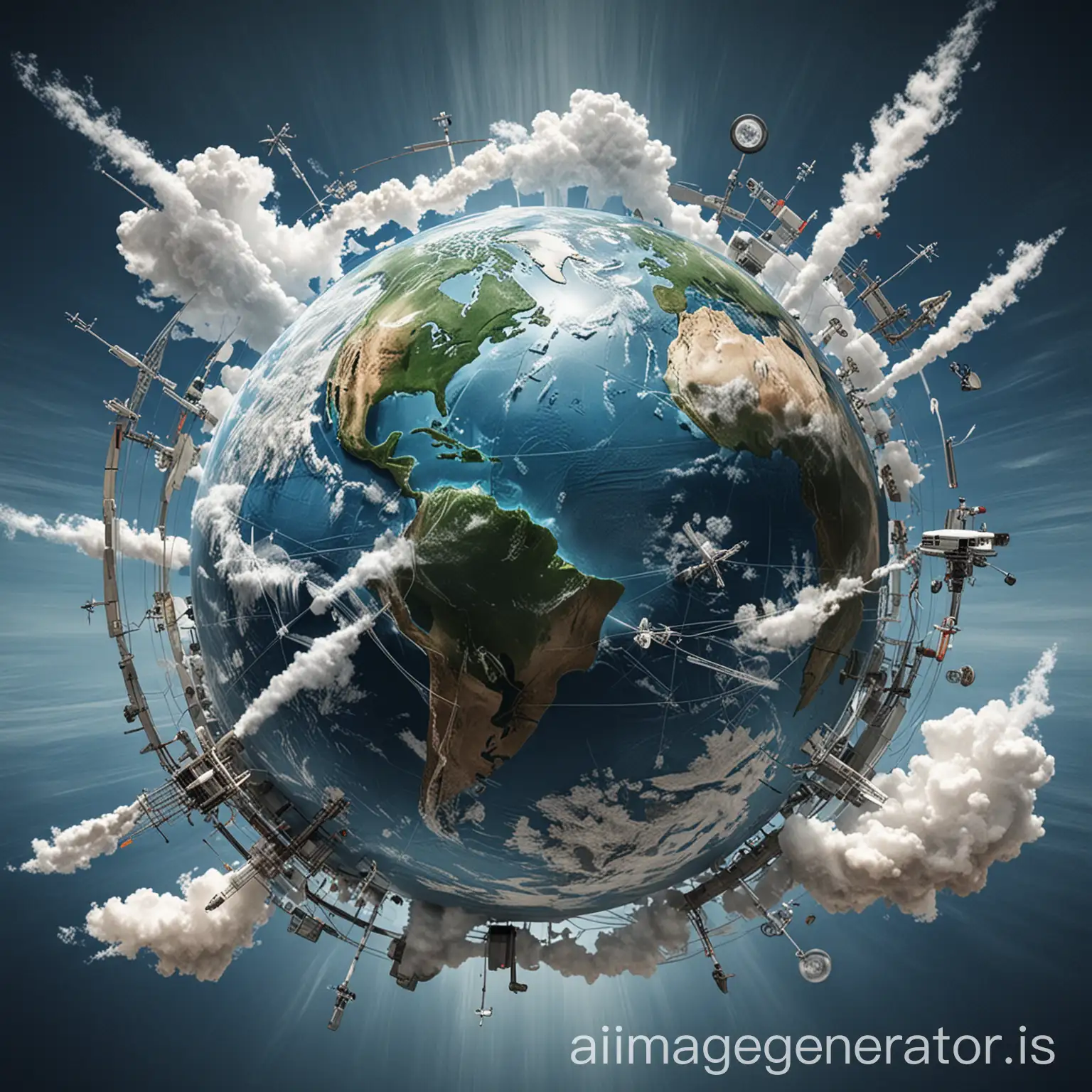 Illustration of Earth with technological interventions representing climate engineering solutions.