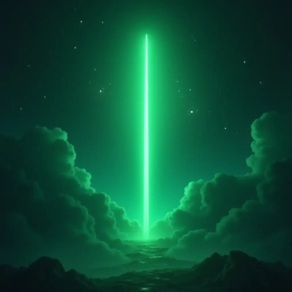 A big green neon spear shooting through the clouds