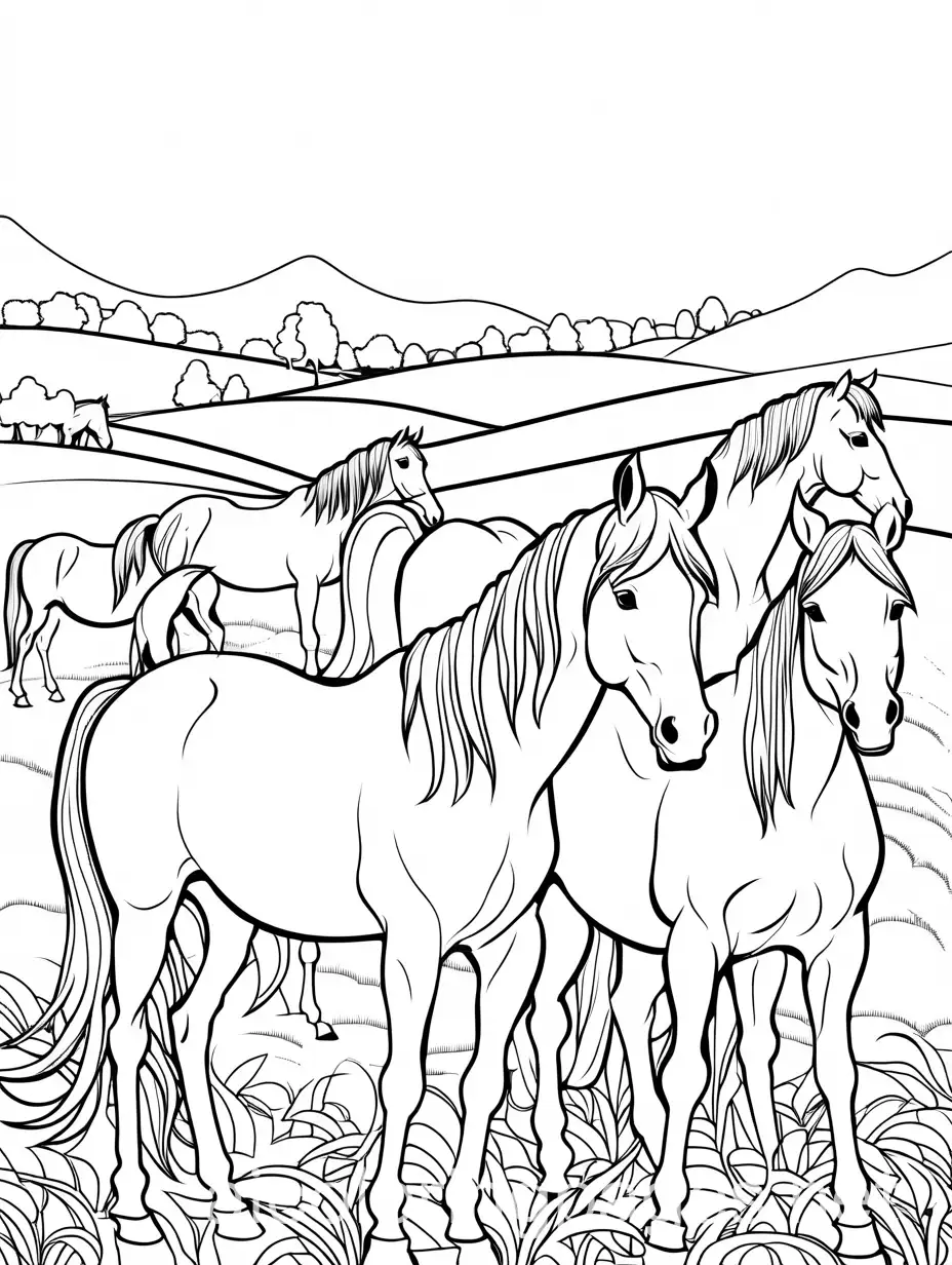 Many-Horses-Coloring-Page-Black-and-White-Line-Art-with-Ample-White-Space