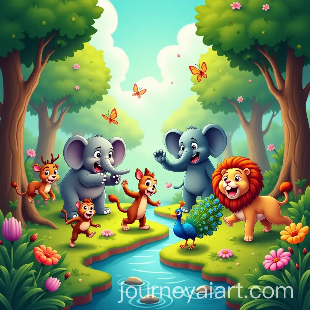 Joyful-Animals-Dancing-in-a-Lush-Forest-with-Colorful-Flowers-and-Sparkling-Stream