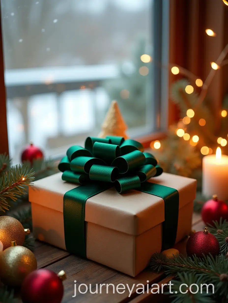 Christmas-Gift-with-Green-Bow-Surrounded-by-Holiday-Decorations