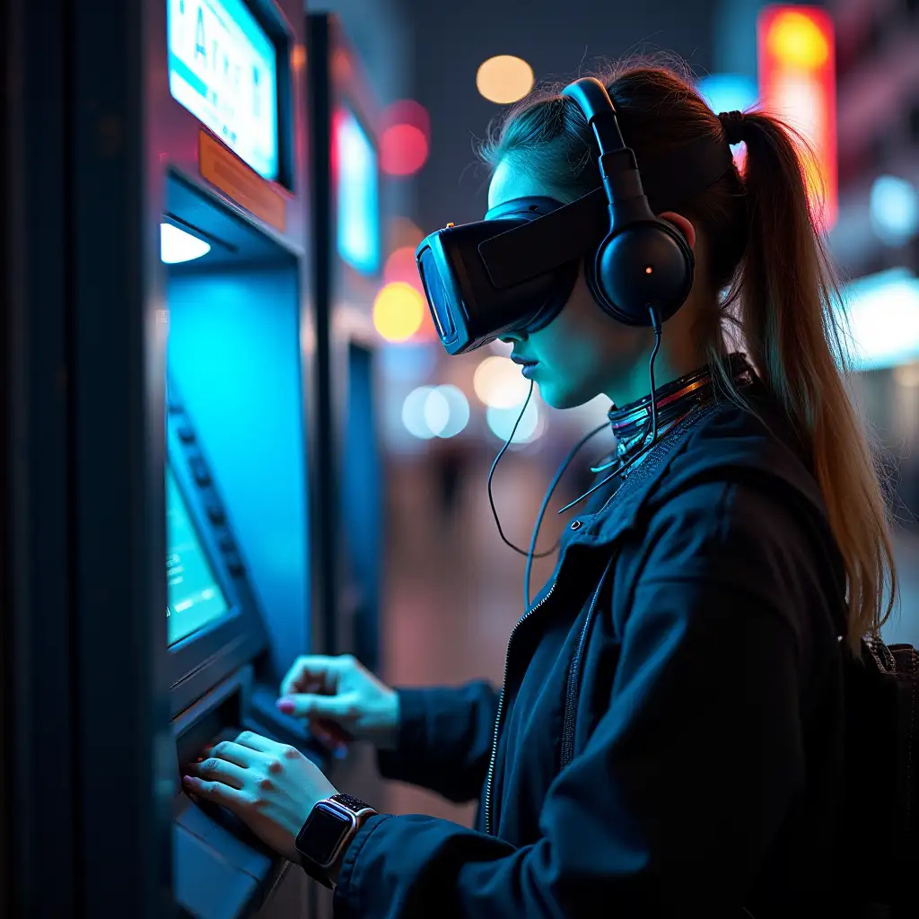 a young female hacker on a street at night, programming atm machine, wearing vr goggles, headphones, cybernetic collar, smartwatch, lots of wearable cyberpunk hardware with  connected wires