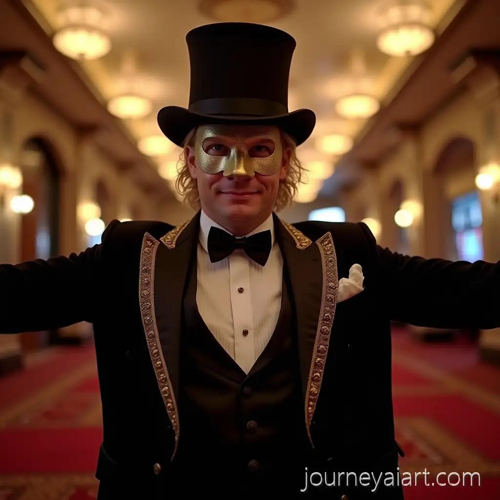 Elegant-Blond-Gentleman-in-Black-and-Gold-Suit-Posing-Before-Casino-Entrance