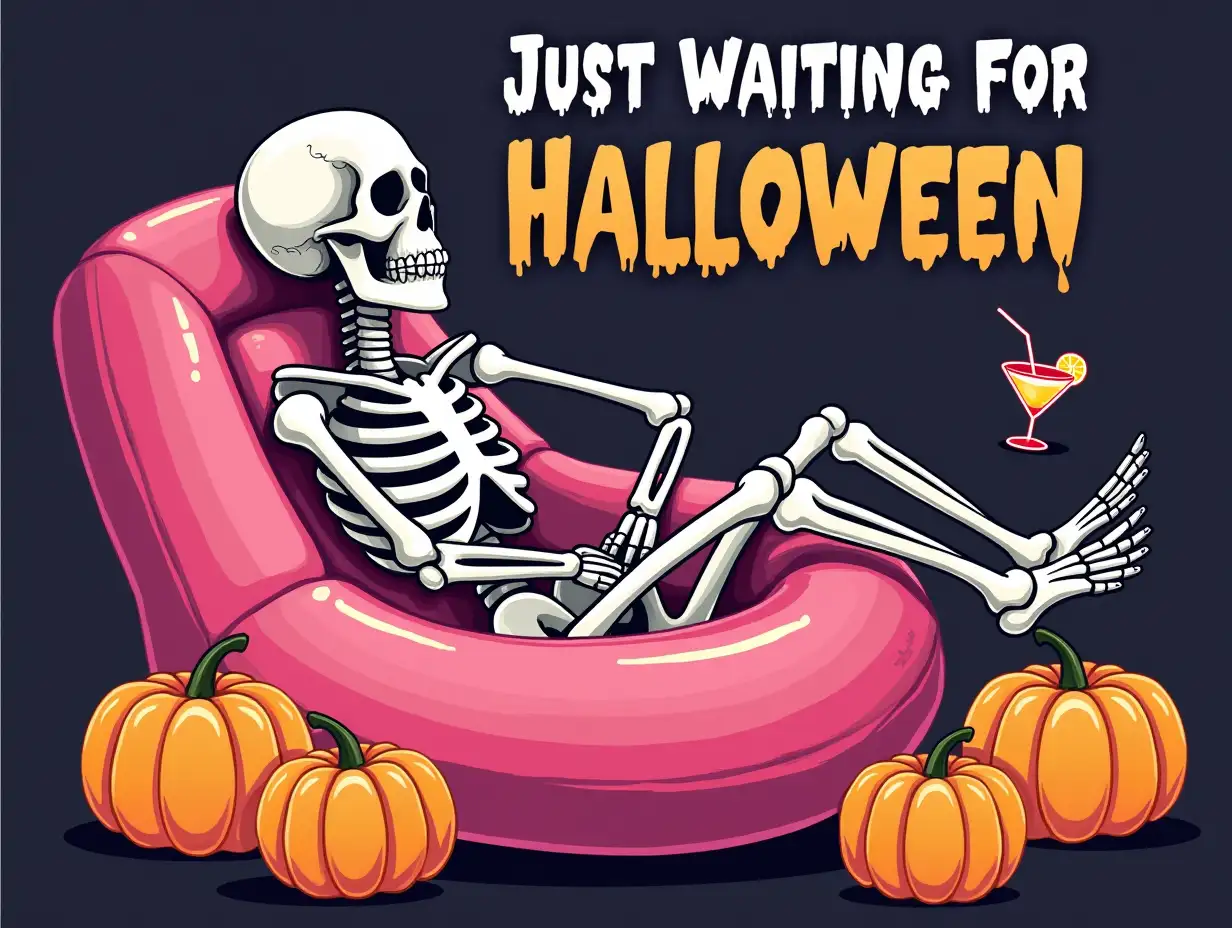 Vector. A skeleton lounging in a pink inflatable chair, surrounded by pumpkins and a cocktail, with the text 'Just Waiting for Halloween' in the background.