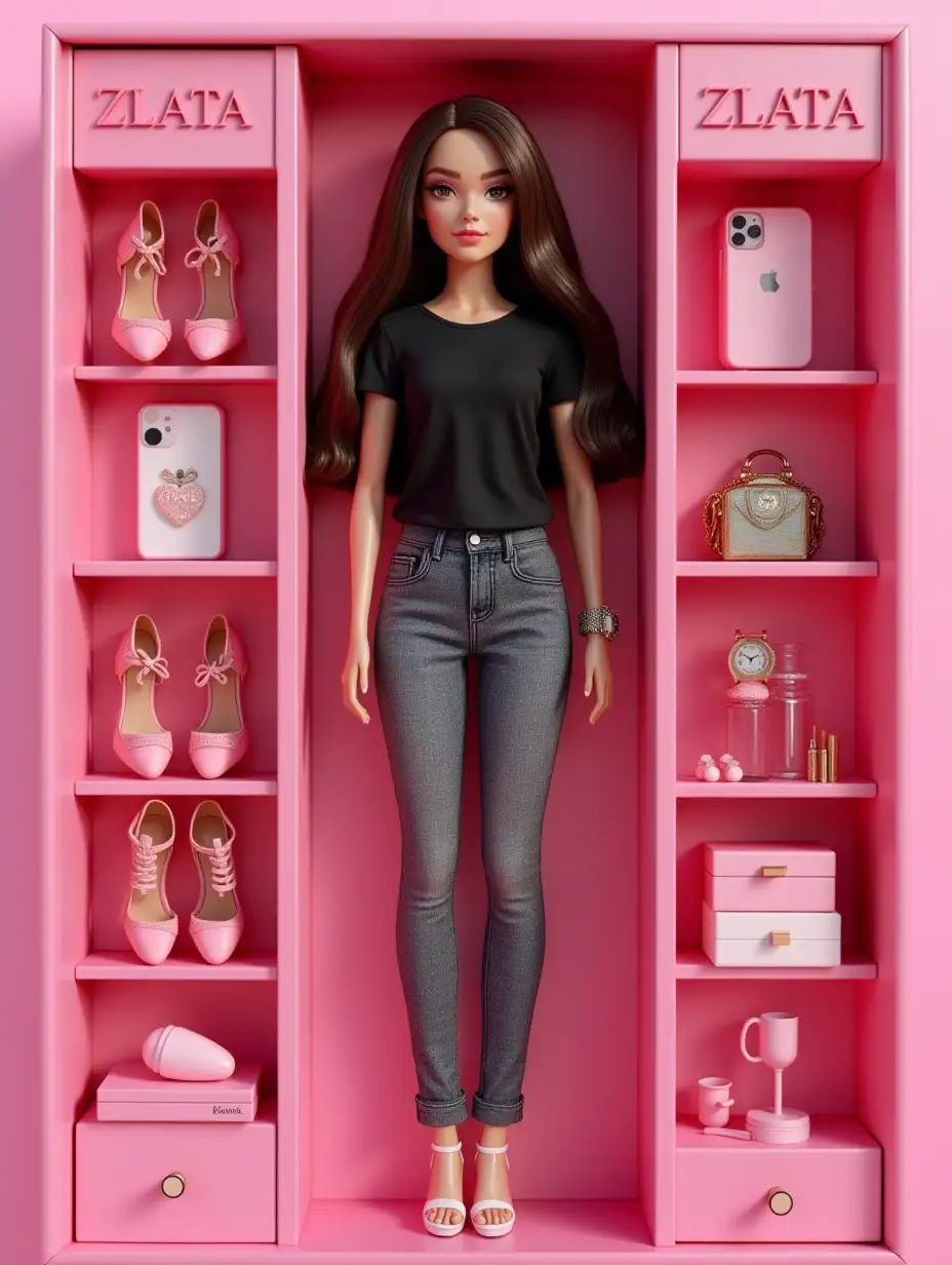 Create art: 3D-doll in the style of Bratz, made of soft touch plastic. Character of doll Brayz, full size, Copy every detail: hairstyle long straight brown hair, lips plump, eyebrows graphite color, brown eyes, features and proportions of face cheekbones, Clothing - straight gray jeans, black short t-shirt, with an emphasis on style and textures. Doll lies in a plastic light pink packaging recess, which repeats its silhouette. Create a collector's action figure human - as an expensive toy in the package. Style: most realistic, like for advertising or storytelling (ratio 9:16). Name (Zlata)- letters embossed and engraved on the box Accessories inside the box: Pink iPhone 13, bag, gold watches, perfume Miss Dior next to doll in their places in separate cells accessories: