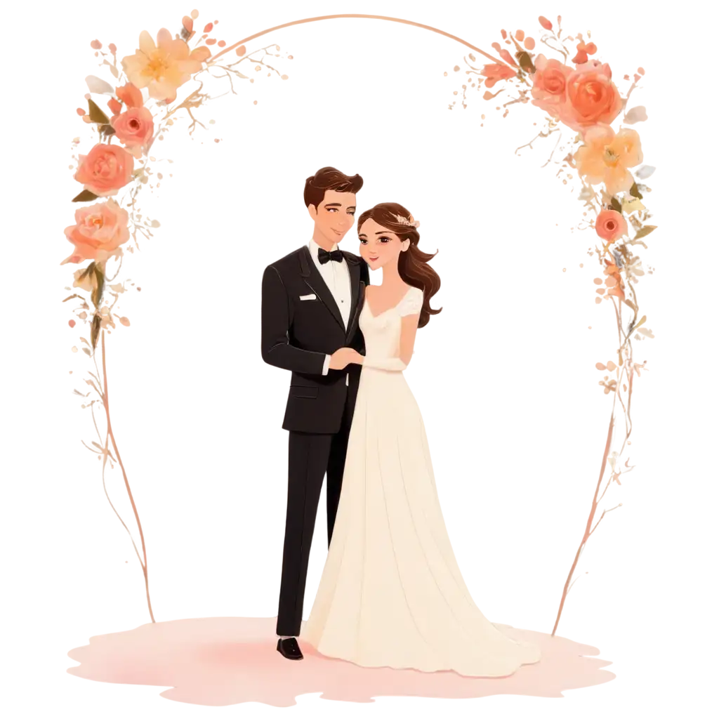 Charming-Wedding-Couple-Cartoon-PNG-Image-with-Romantic-Arch-and-Sunset-Background