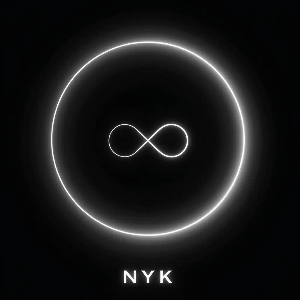 Minimalist, White Glowing Black Hole With Infinity Logo. Write The Name 'Infinity NYK' As Constellation