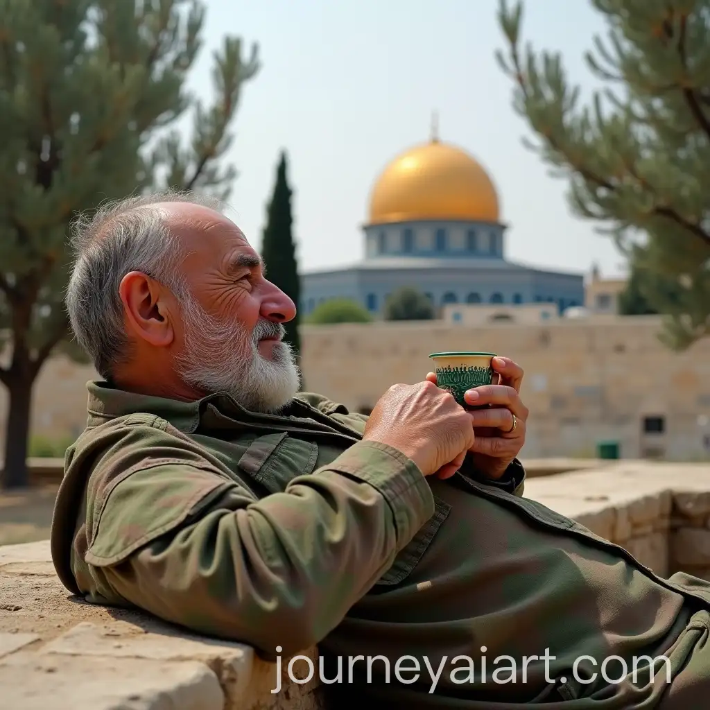 Senior-Man-in-Camouflage-Suit-Relaxing-with-Tea-Near-Dome-of-the-Rock-Mosque