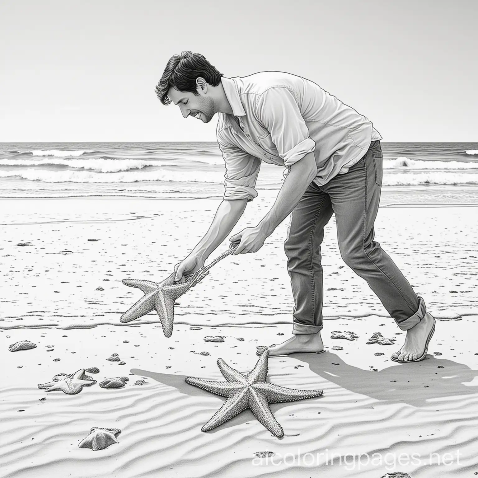 Man-Picking-Starfish-on-Beach-Coloring-Page